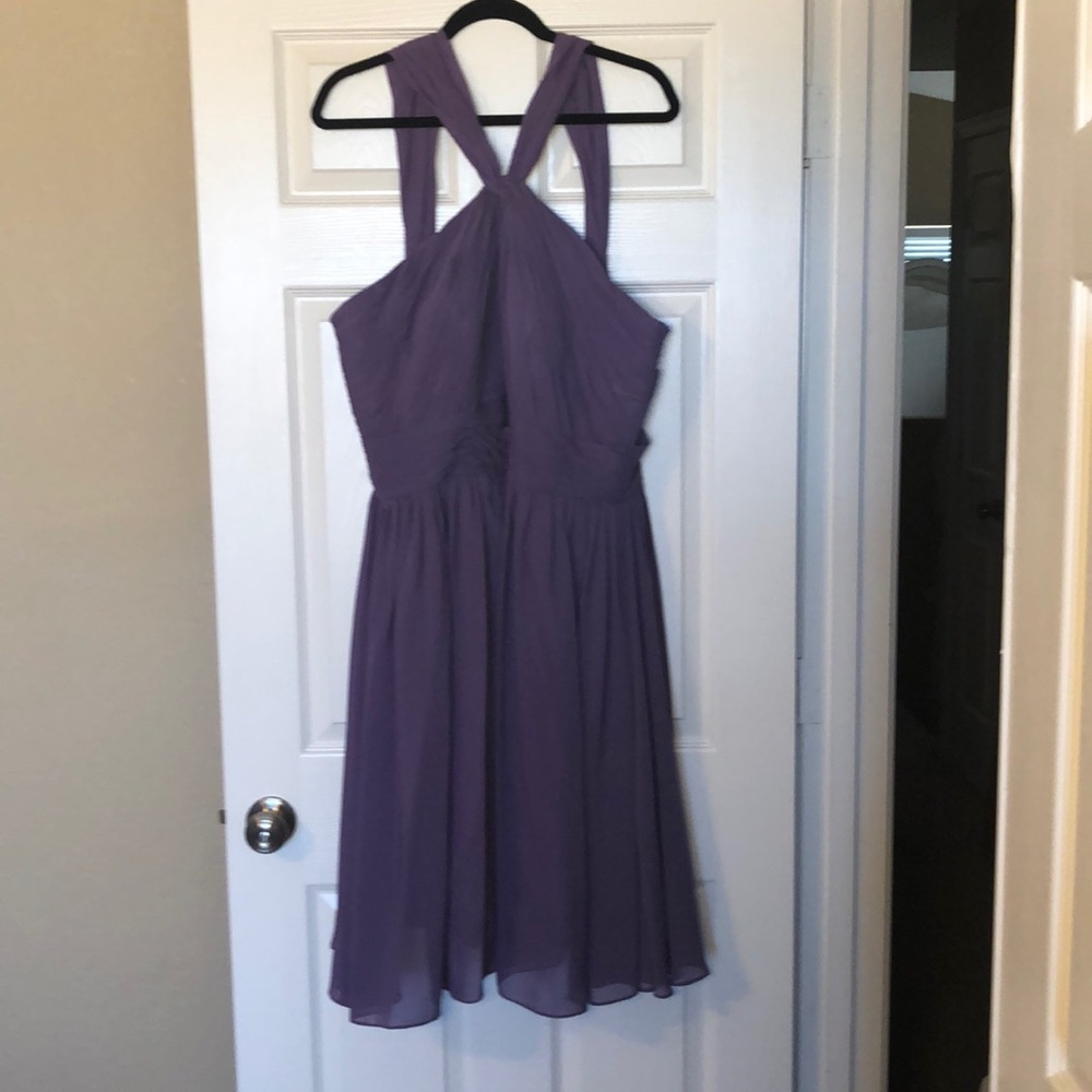 Purple chiffon ruched cris cross top formal dress